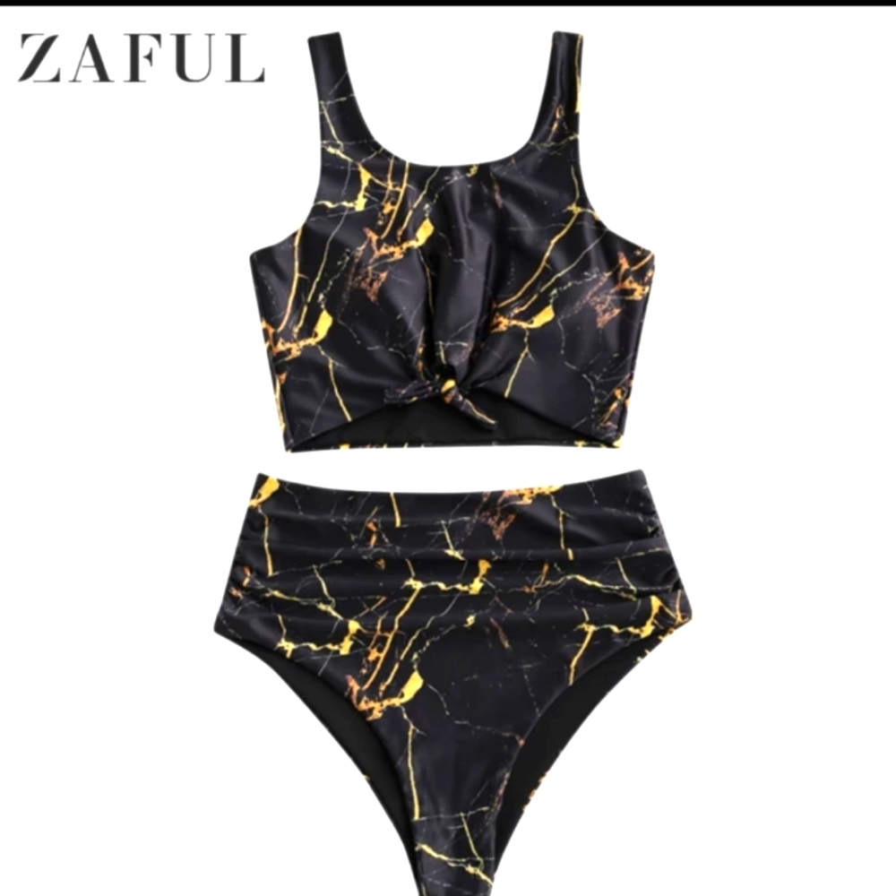 Zaful black marble print tie high rise bikini